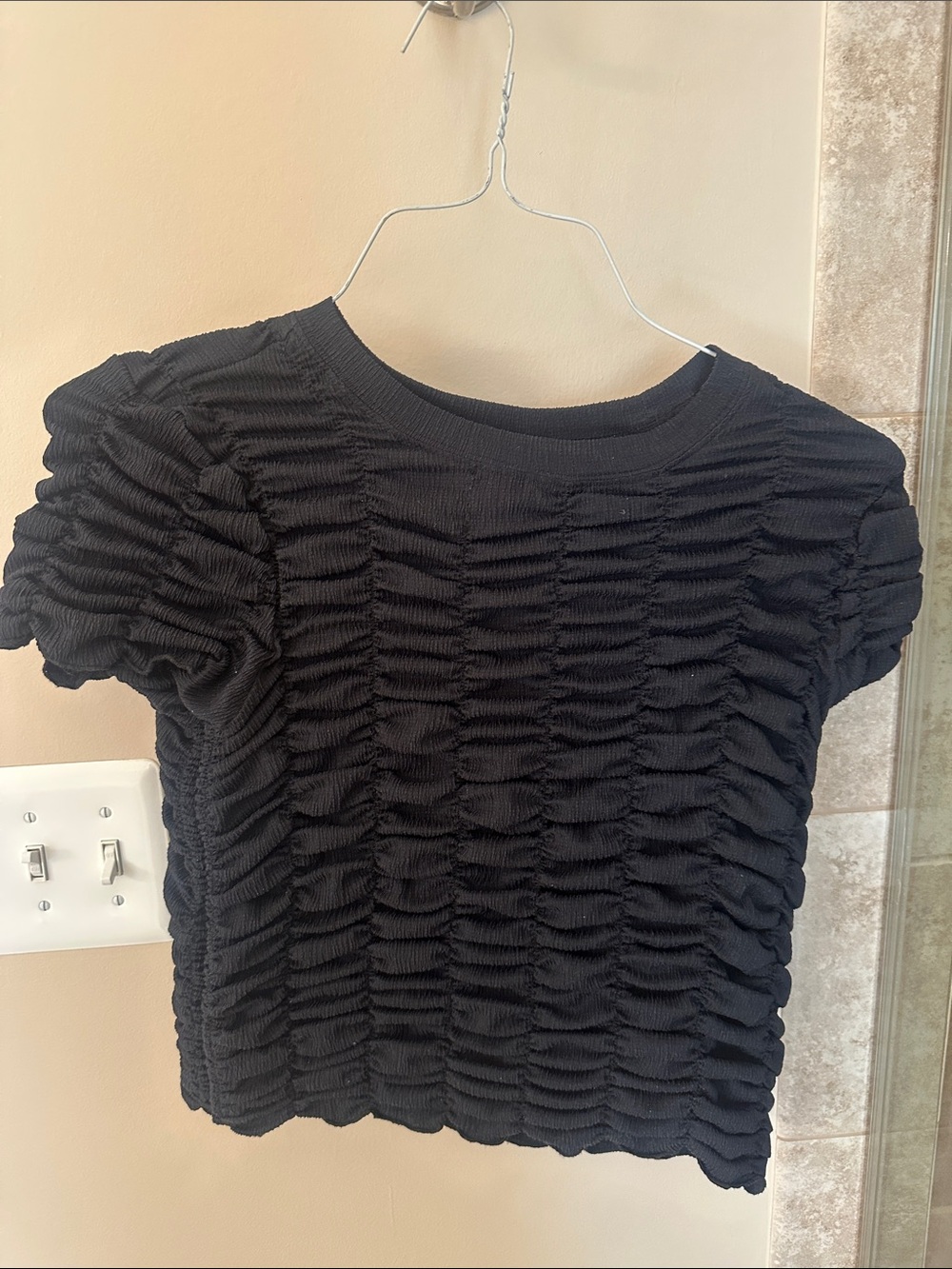 Anthropologie Black Textured Ruched Short Sleeve Top